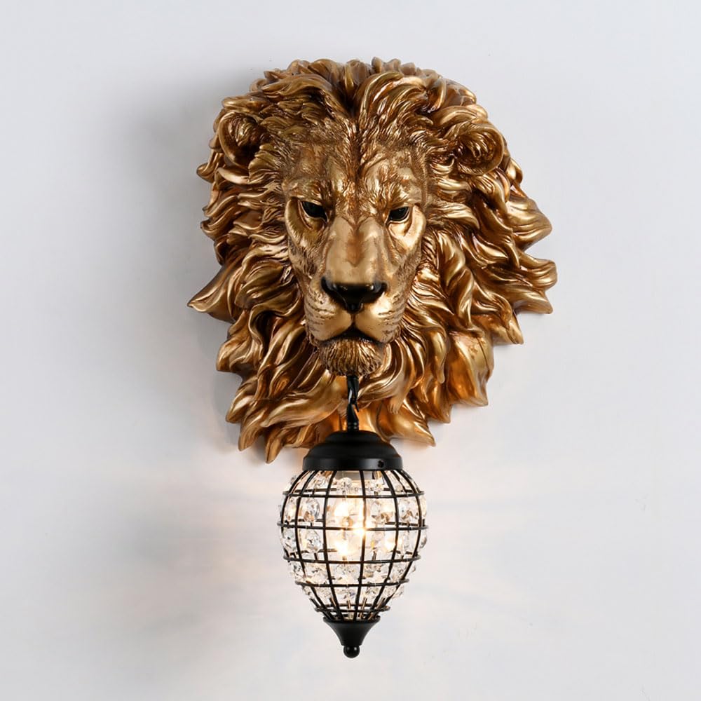 YFMYY Lion Head Wall Decor Wall Sconces, Baroque Crystal European Retro Wall Lighting Fixtures, Resin Animal Art Decor Modern Luxury Wall Mount Light for Bedroom Bedside Living Room Hallway