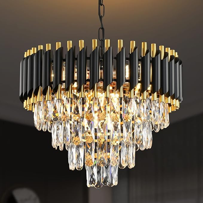 Image of DREAMY DESIGNS Chandelier Lights for Ceiling Black Gold 500 MM 4-Tier Crystal Chandeliers for Living Room with 3 Mode LED Light Plate for Hall Modern Jhumar Designer Bedroom and Dining Room