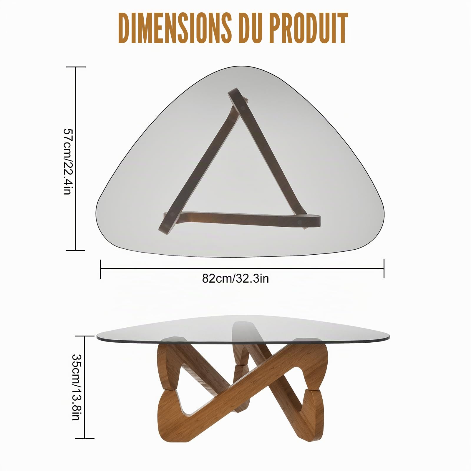 Table basse triangulaire en verre, table basse moderne avec base triangulaire en bois massif et verre trempé épaissi, table d'appoint, table basse inhabituelle pour salon bureau, 82 x 57 x 35 cm (gris