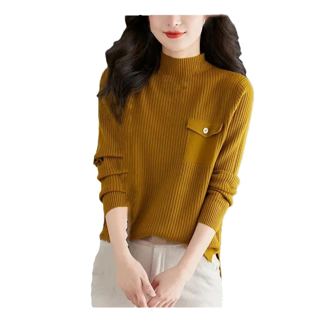 Maglione da donna a collo alto tinta unita lavorato a maglia pullover morbidi con tasca semplici maglioni