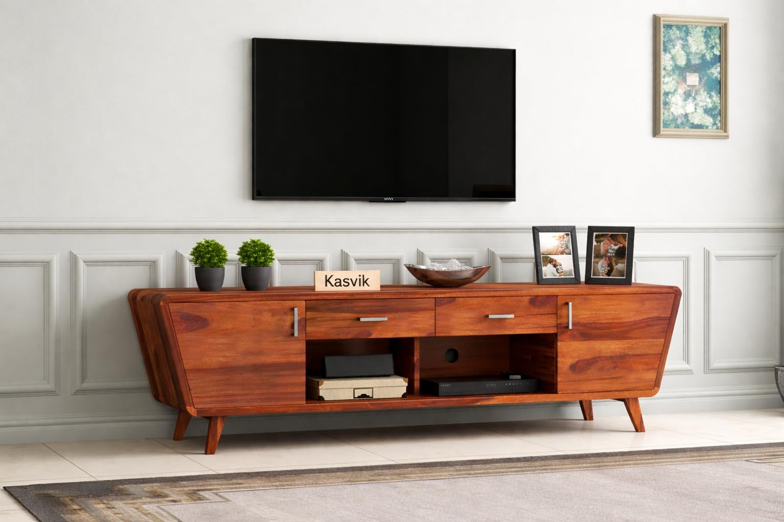 Solid Sheesham Wood TV Unit for Living Room | Fully Assembled Wooden TV Cabinet with Cupboards & Drawers | Honey Finish | Handcrafted by Indian Artisans (Amazon Karigar)-image-1