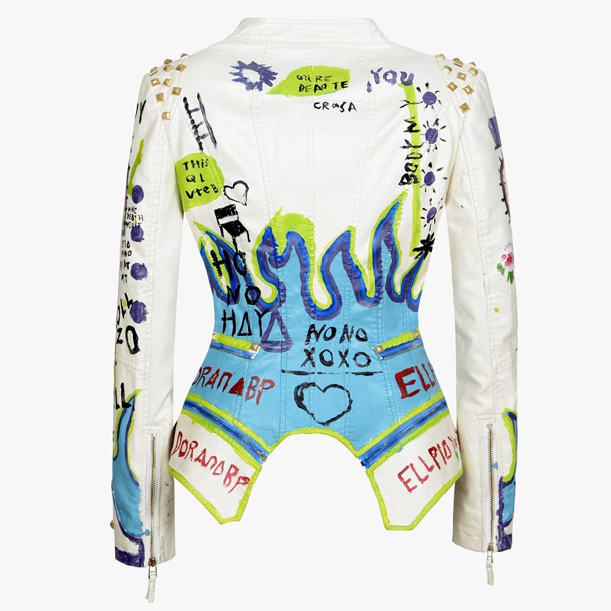 Women's Faux Leather Textured Hand Painted Graffiti Studded Rivet Moto Lady Fit Jacket Zip-up Slim PU Biker Coat - Image 4