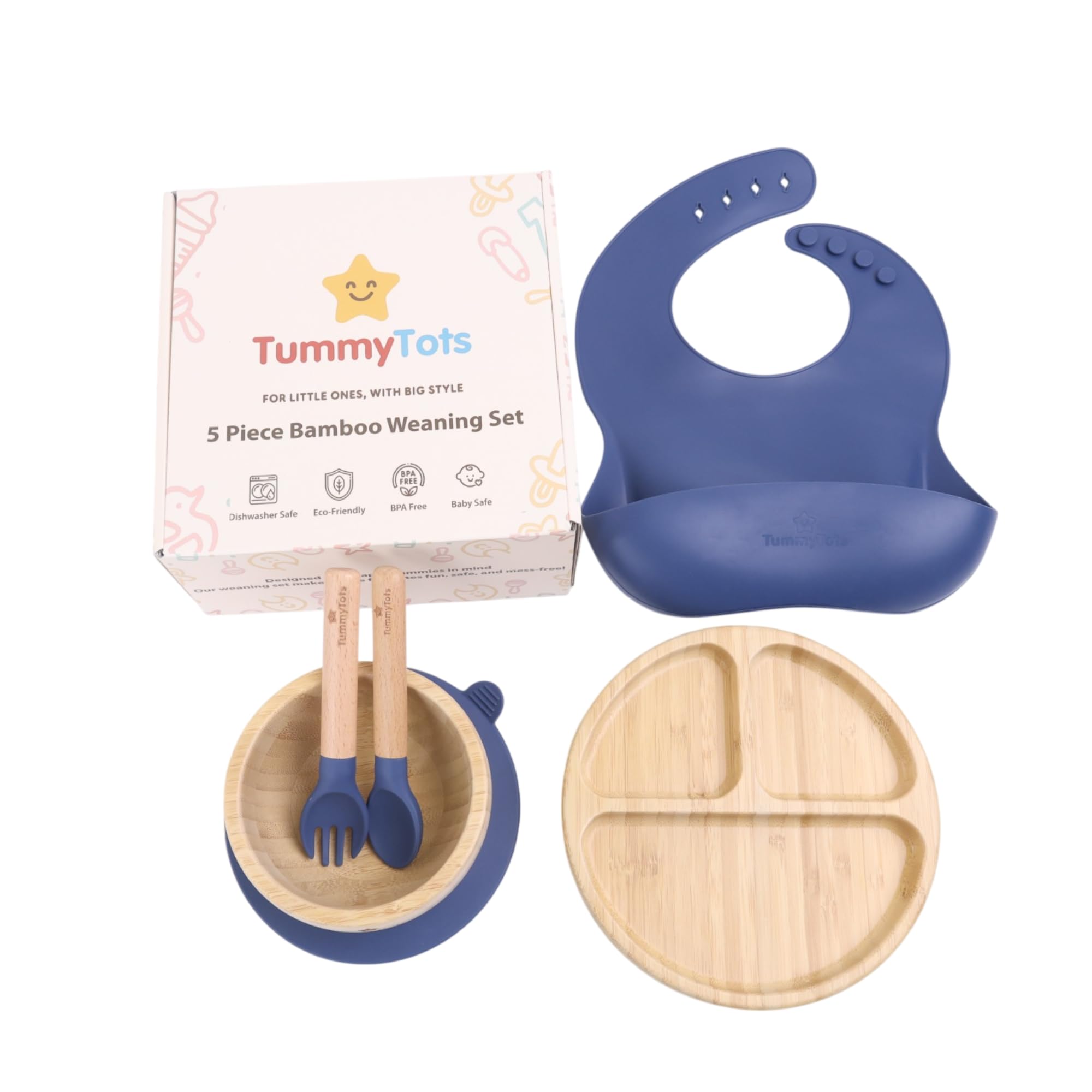 TummyTots 5Pcs Blue Bamboo Baby Weaning Set - Baby Feeding Set with Bamboo Baby Bowls & Baby Plate, Silicone Bib, Wooden Spoon & Fork | Baby Weaning Essentials with Bamboo Plates | Baby Gifts