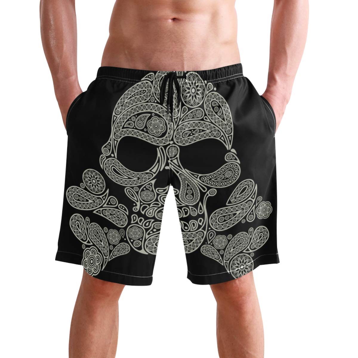 visesunny Hawaiian Men's Summer Beach Shorts Swim Trunks Sports Running Bathing Suits with Mesh Lining, Cool Skull, Large