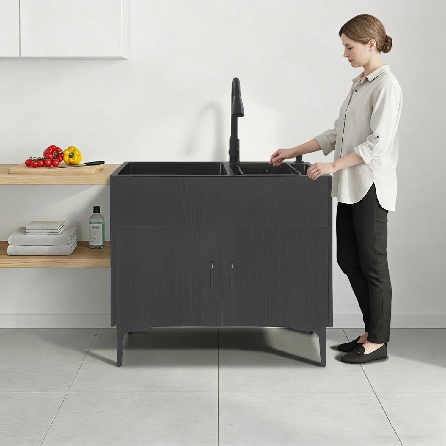 Fregadero de cocina independiente de acero inoxidable, 81 x 43 x 78 cm, armario de cocina con lavabo doble, extraíble y grifo, dispensador de jabón, fregadero industrial, fregadero de cocina comercial