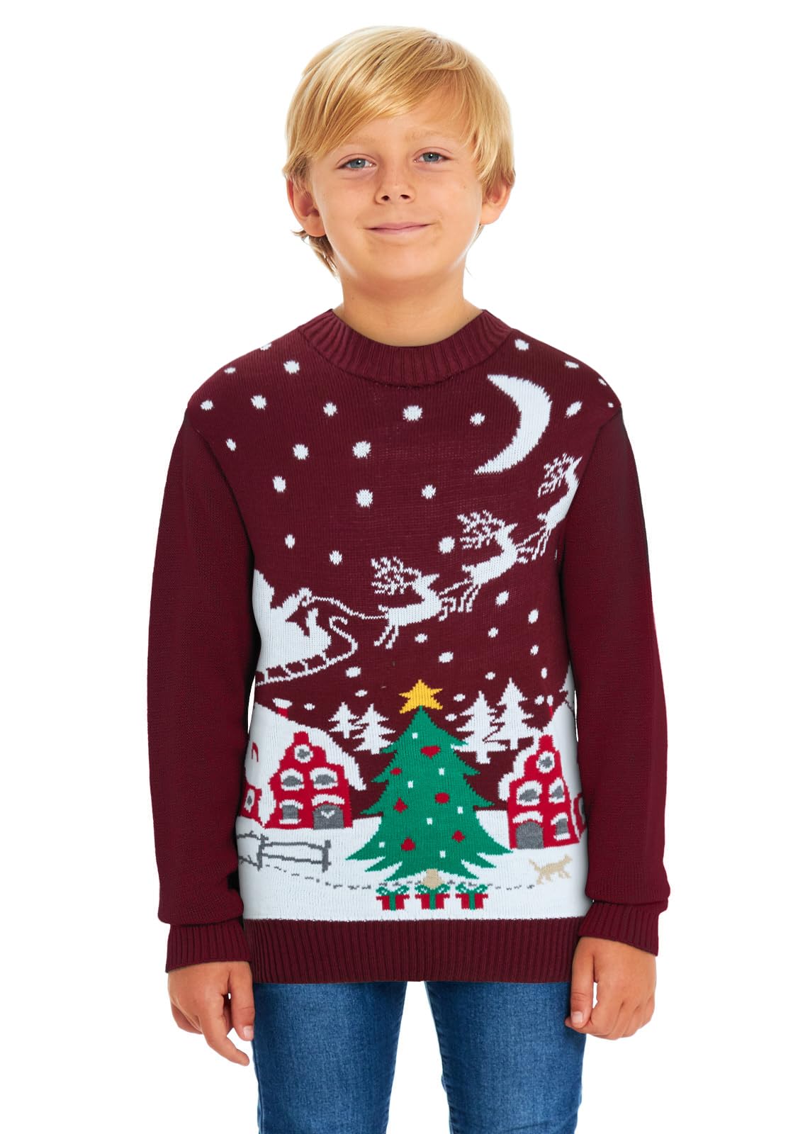 Saans247 Boys Santa Night Sky Wine Kids Girls Kids Unisex Christmas Xmas Knitted Novelty, Retro, Elf, Football Sweater