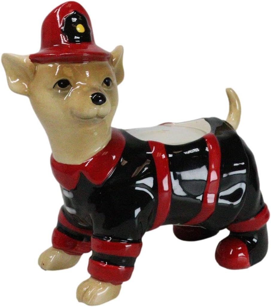 Ebros Gift Happy Birthday Fireman Frank in Black and Red Fire Gear Dog Ceramic Tea Light Votive Candle Holder Figurine 4.5" High