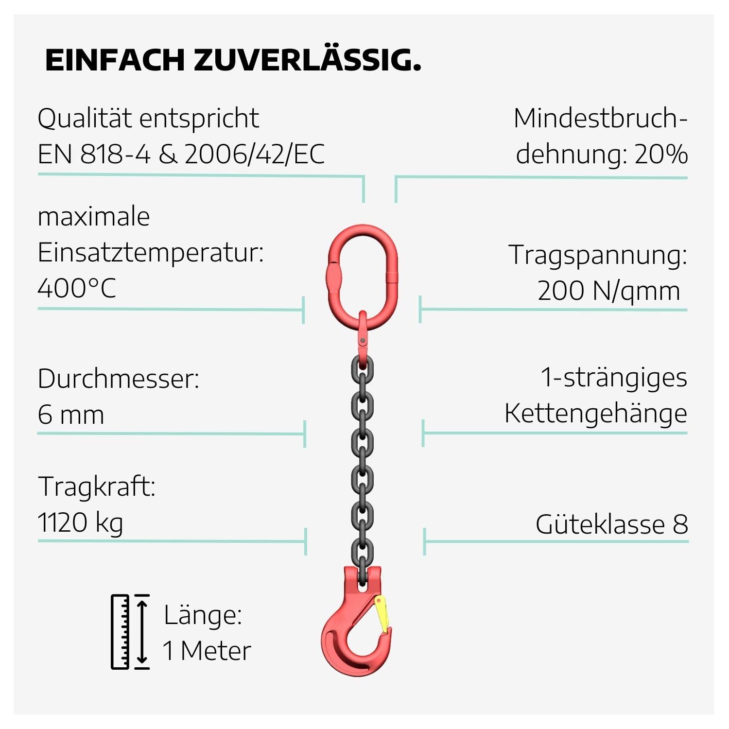 Einstrang-Kettengehänge 6 mm GK 8 I 1 m Lange Anschlagkette für die Baustelle I Bagger-Zubehör I Traglast 1120kg nach EN818-4 I Kettengehänge 1-Strang I Baustellen Werkzeug