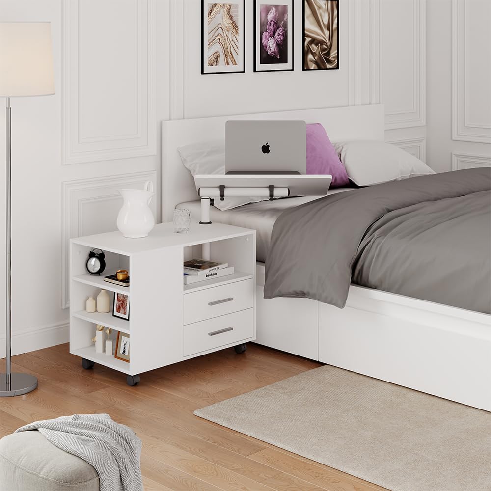 Vicco Mesilla de Noche Bora, Blanco, 80 x 88 cm | con superficie de trabajo ajustable, con tablero de trabajo giratorio y ruedas para un uso flexible