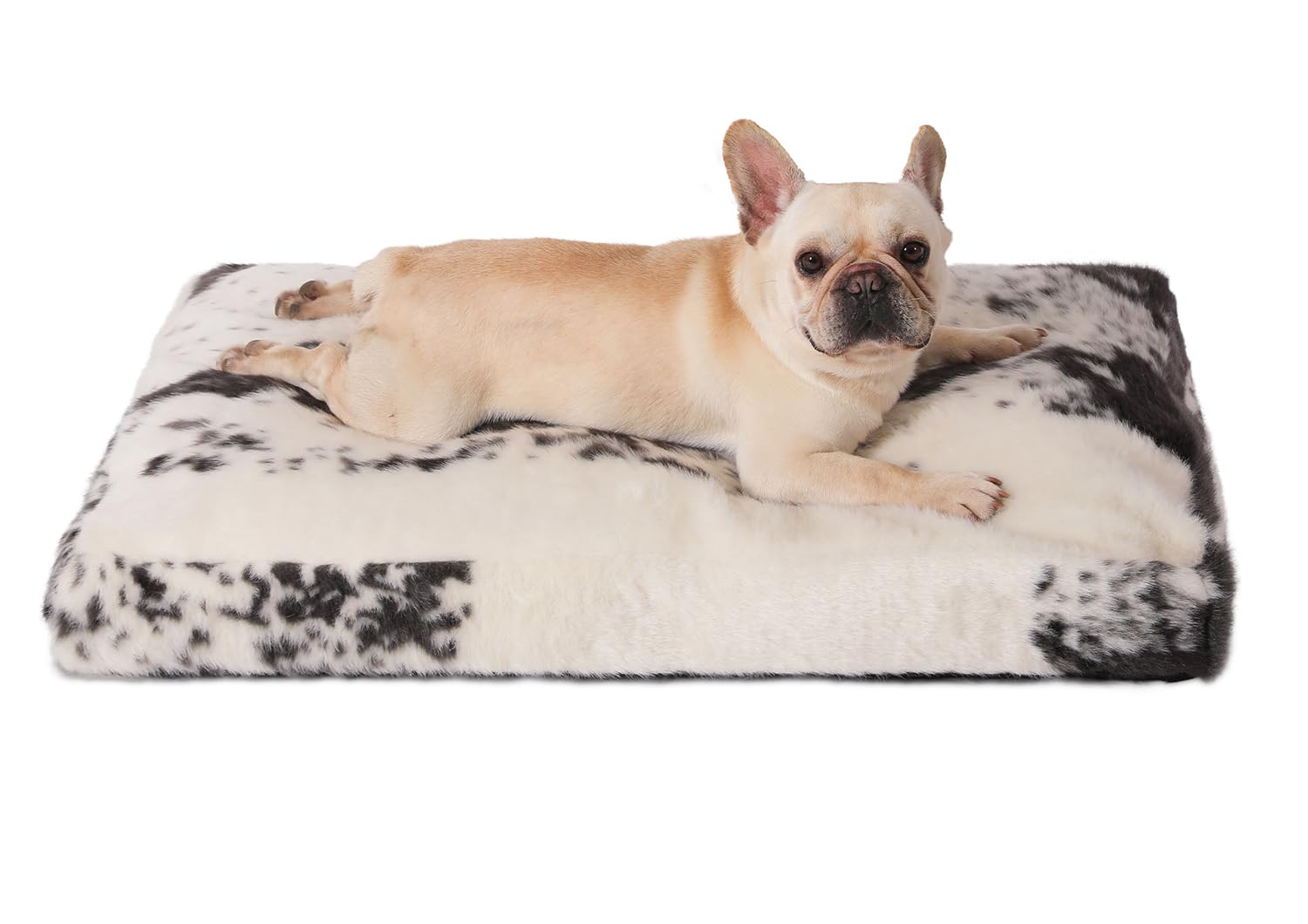 Bedfolks Waterproof Crate Bed, Plush With Removable Washable Cover, Faux Fur Pad for Large Dogs, Fluffy Kennel 35"x23", Black-White Cowhide