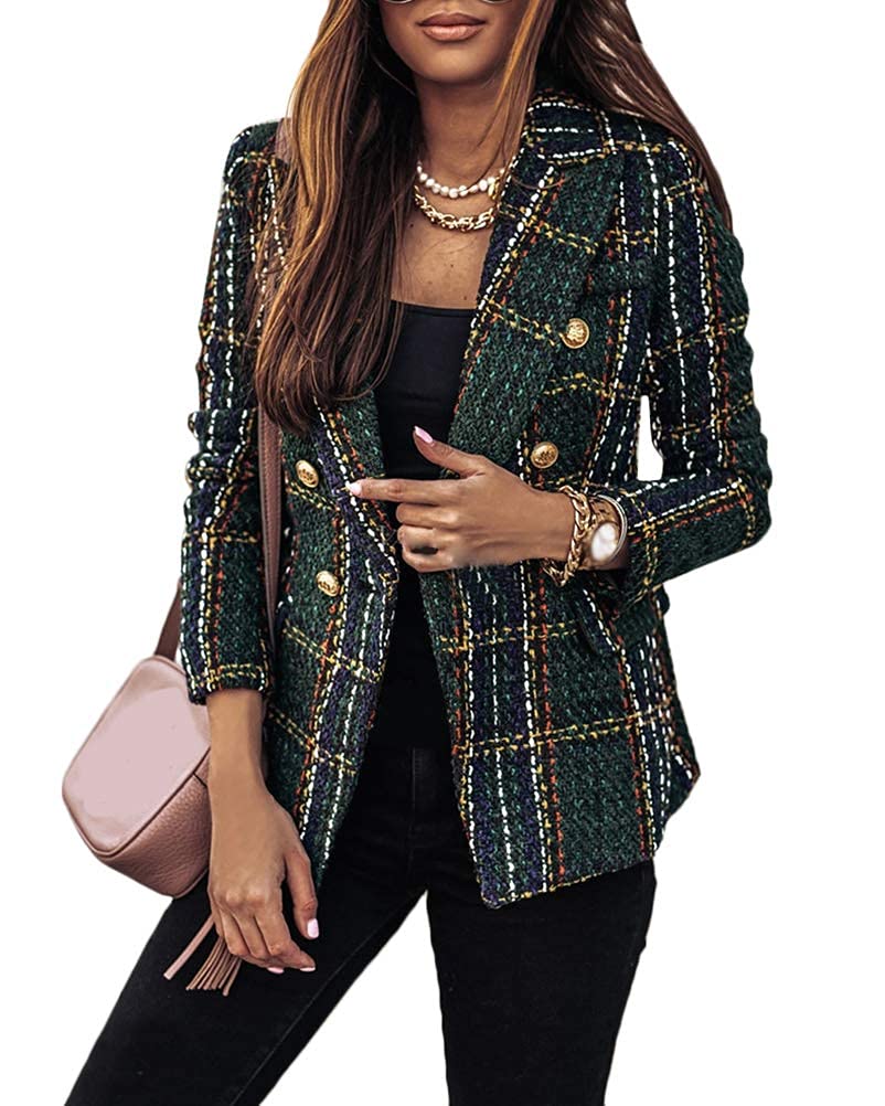 Onsoyours Donna Manica Lunga Colletto Cappotto Elegante Ufficio Business Blazer Top A Quadri Slim Fit Giacca con Pulsante Corto OL Tailleur Giacca