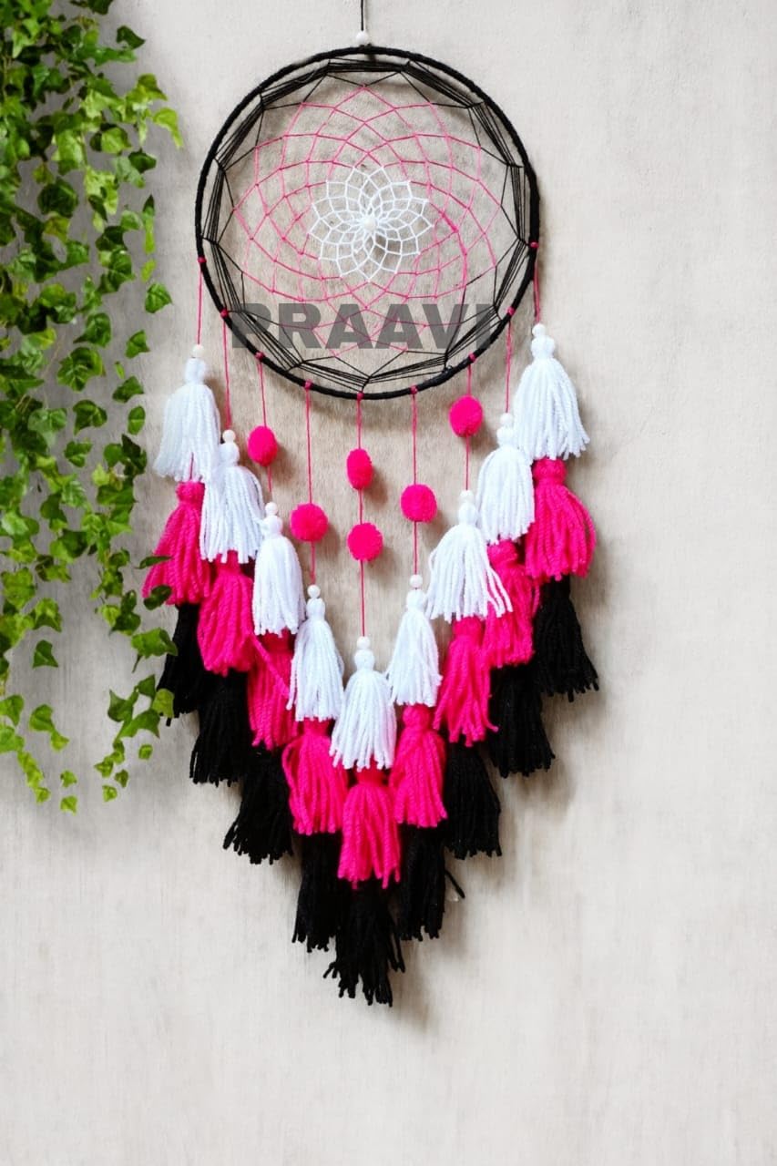 Handmade Dream Catcher for Wall Hanging – 55 cm Large Macrame Dreamcatcher with Tassels | Home Decor for Bedroom, Living Room & Balcony, Wall Hanging Decoration (White & Pink & Black)-image-4