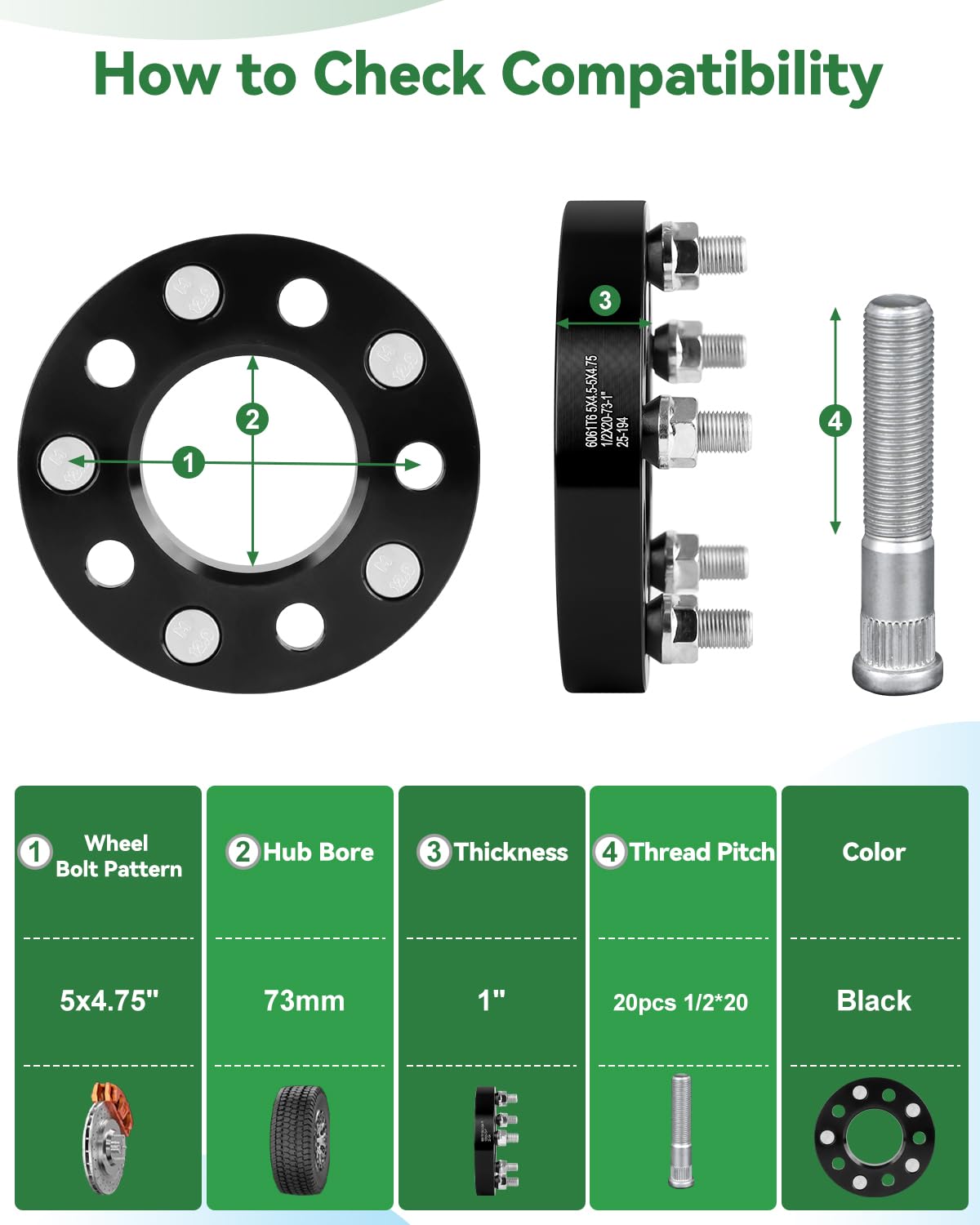 Adaptadores de Rueda de 5 x 4.5 a 5 x 4.75, Adaptador de Rueda de 1 Pulgada de 5 x 114.3 mm a 5 x 120.65 mm, Orificio de Cubo de 73 mm con Paso de Rosca de 1/2-20