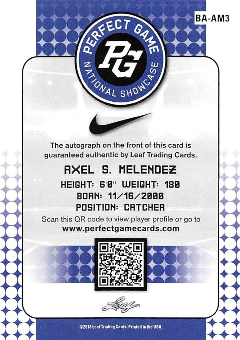 2018 Leaf Perfect Game National Showcase Autographs Red Baseball #BA-AM3 Axel S. Melendez Auto Autograph SER/5 Trading Card produced by Leaf
