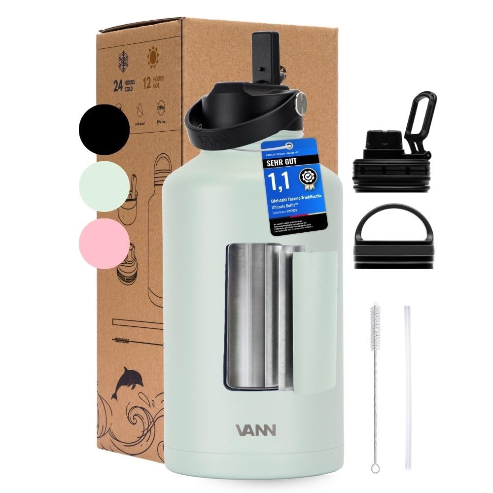 VANN Trinkflasche 2L mit Strohhalm - 3fach isoliert [24h kalt 12h warm] | Thermosflasche für Fitnessstudio, Sport - Trinkflasche Edelstahl [BPA-Frei] - Wasserflasche inkl. 5 Zubehörteile - Salbei