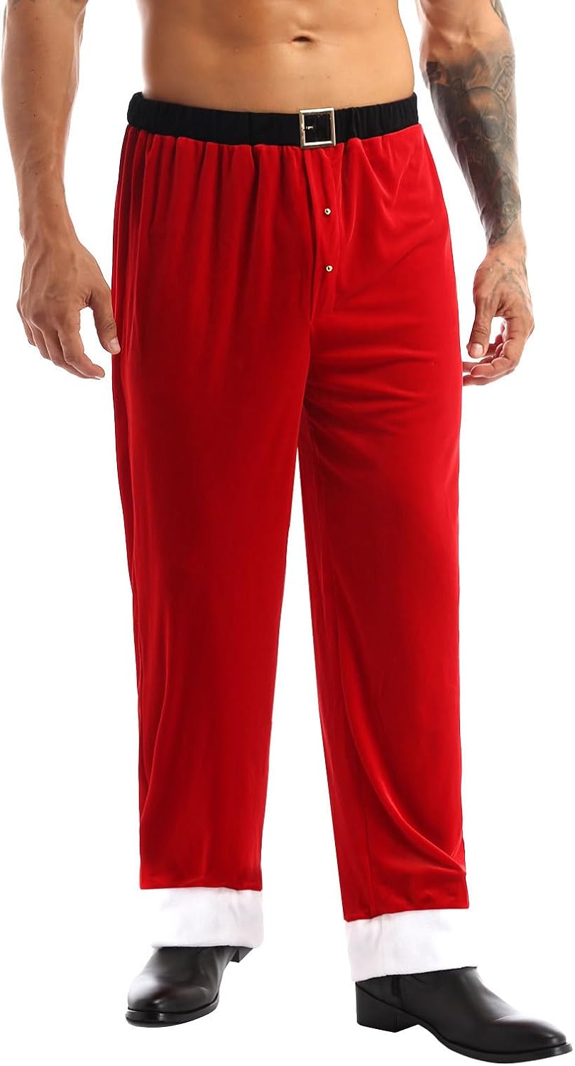 Men's Christmas Red Velvet Long Pants Mr Santa Claus Party Costume Pajama Pants
