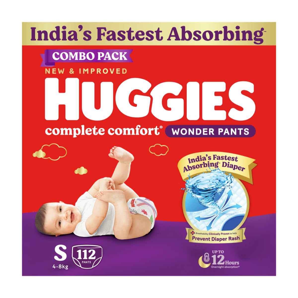 Huggies Complete Comfort Wonder Pants | Pant Style Baby Diapers Small Size, 112 Count | India's Fastest Absorbing Diaper, Prevents Diaper Rash, Ideal for 4 to 8 Kgs (56 Count, Pack of 2)