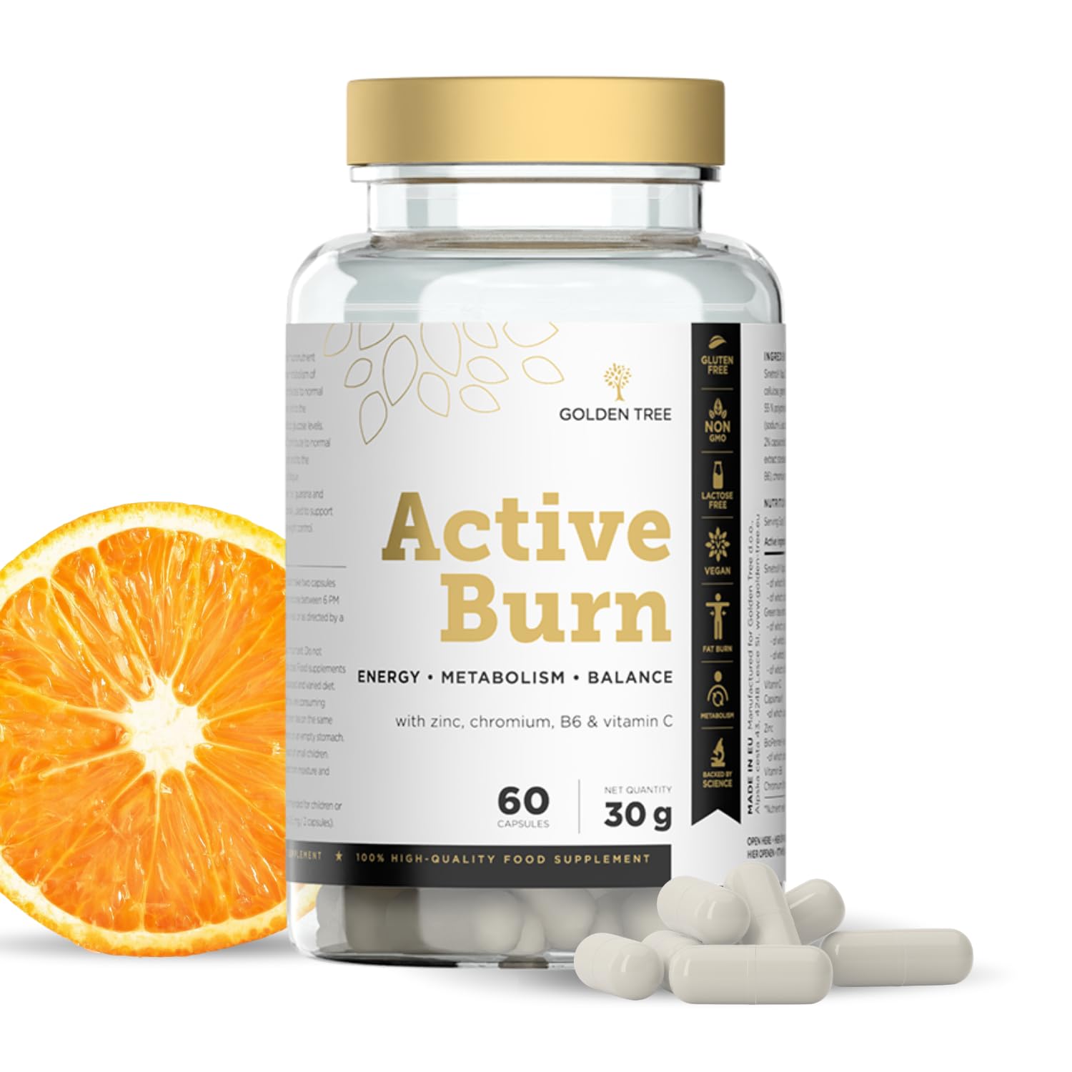 Golden Tree Active Burn − Cápsulas Té Verde, 60 piezas | Con Vitamina C, Vitamina B6, Zinc, Cromo y Extracto de Pimienta Negra
