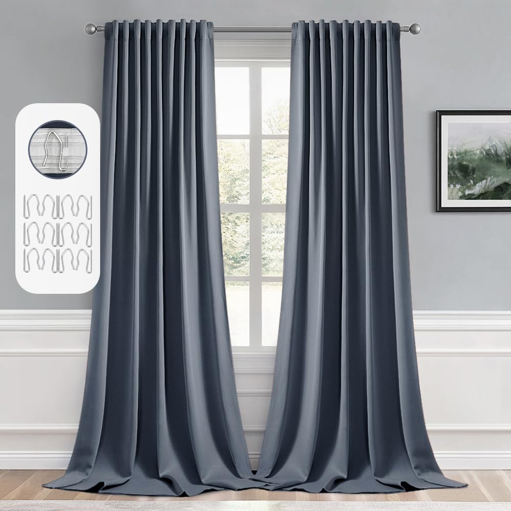 Photo 1 of MIULEE Stone Blue Back Tab Blackout Curtains 102 Inch Long 2 Panels Set for Bedroom, Rod Pocket/Pinch Pleated Thermal Insulated Living Room Darkening Light Blocking Floor to Ceiling Drapes