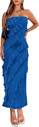 BTFBM Women Summer Elegant Strapless Midi Ruched Bodycon Dress Solid Color Stretch Mesh Slim Party Cocktail Dresses