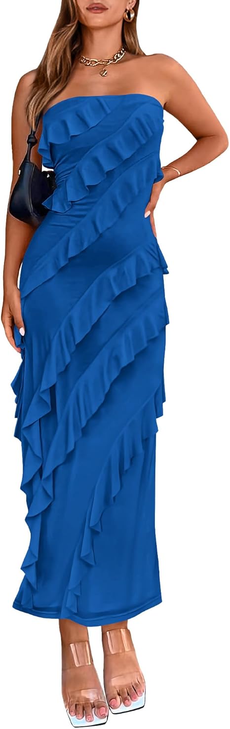 BTFBM Women Summer Elegant Strapless Midi Ruched Bodycon Dress Solid Color Stretch Mesh Slim Party Cocktail Dresses