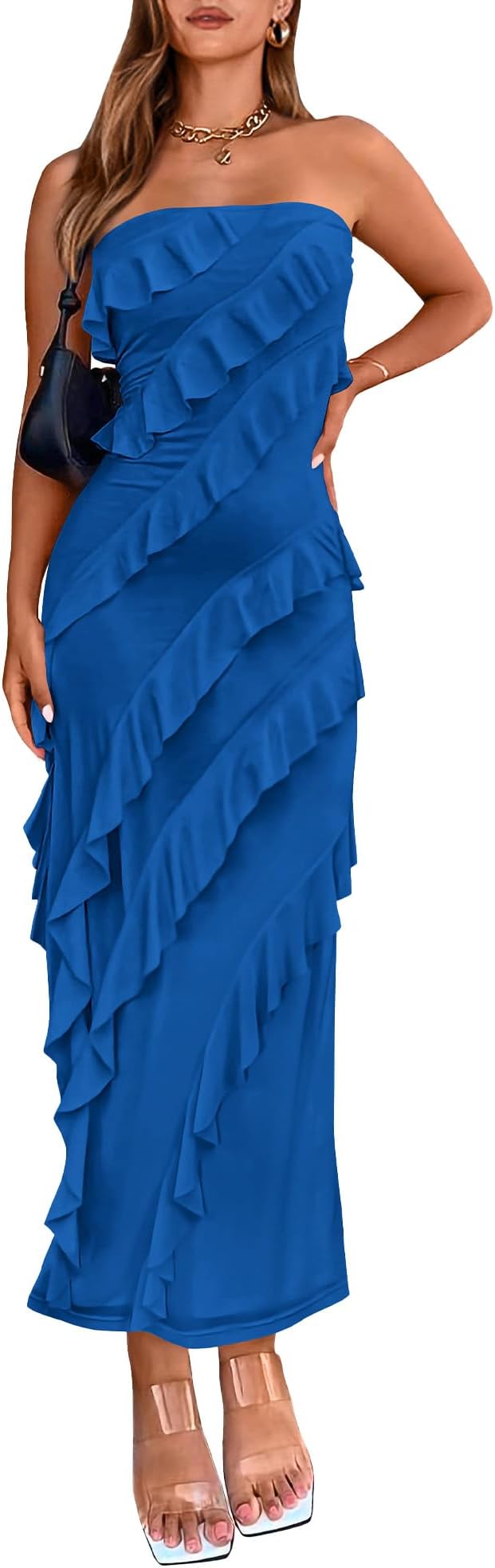BTFBM Women Summer Elegant Strapless Midi Ruched Bodycon Dress Solid Color Stretch Mesh Slim Party Cocktail Dresses