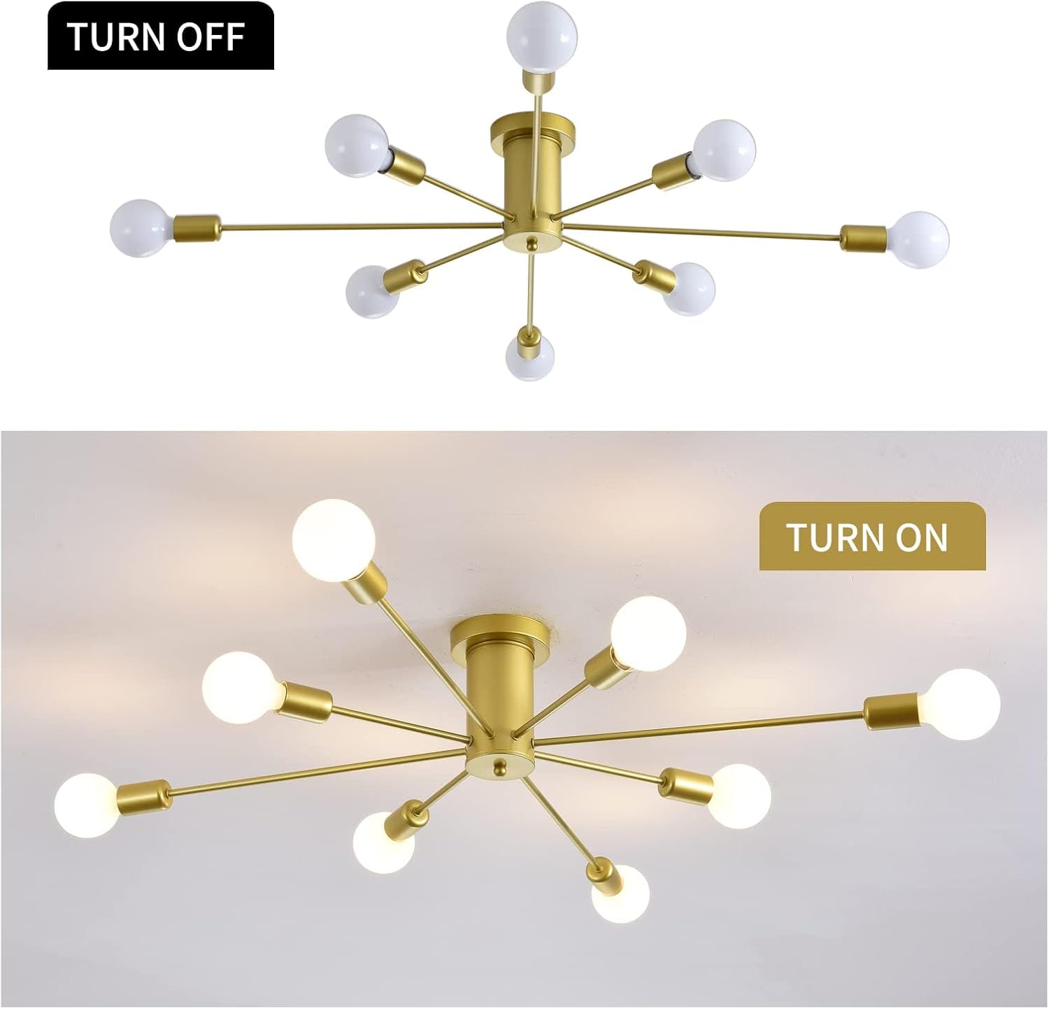 Garwarm 8-Light Sputnik Ceiling Light Modern Semi Flush Mount Ceiling Light Mid Century Gold Chandelier Pendant Lighting for Kitchen Dining Room Bedroom