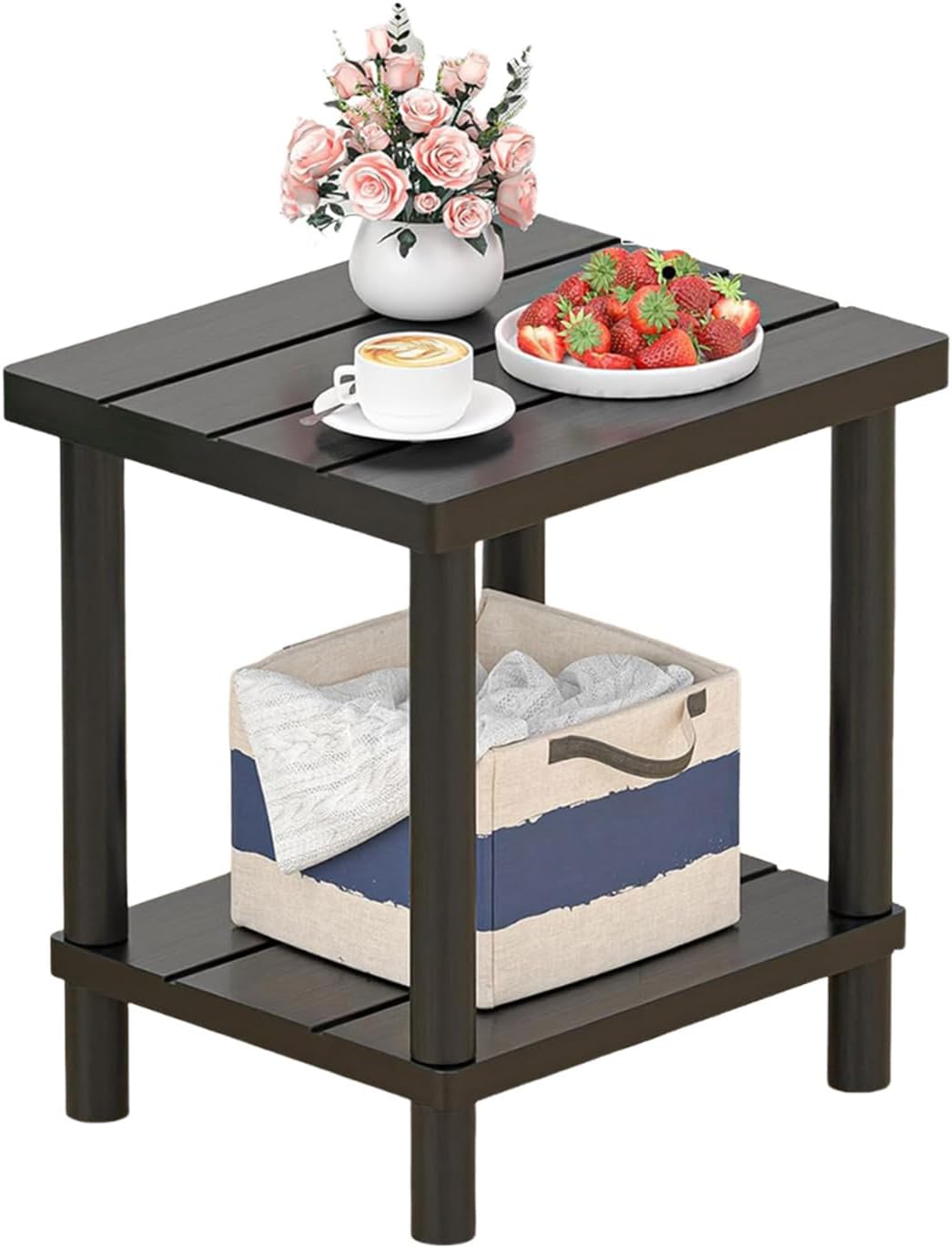 Aniston Outdoor Side Table, 2-Tier Adirondack Side Table, Bamboo Side Tables for Outside or Indoor, Small Weather Resistan End Table for Pool, Porch, Patio, Backyard, Indoor Companion (Black)