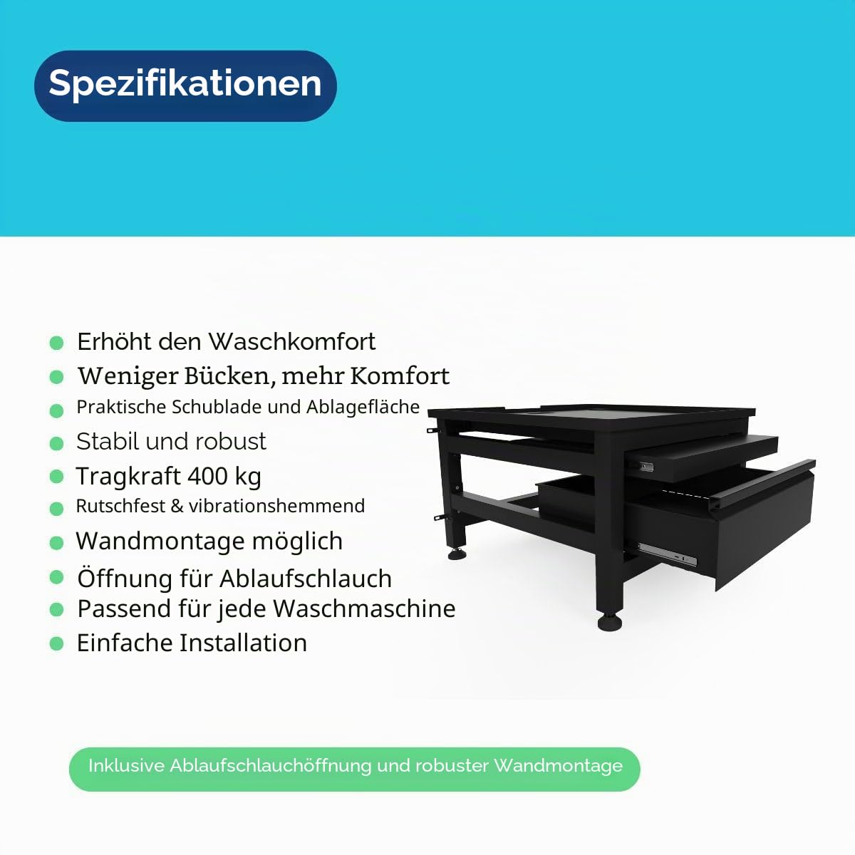 Waschmaschinen Untergestell mit Schublade und Ablage - Waschmaschinenunterschrank - Waschmaschinen Podest - Schwarz - Universell - 65x60,5 (LxB) - Inklusive Wandbefestigungen