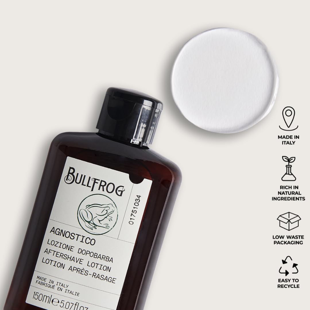 Bullfrog - Agnostico Dopobarba: Dopobarba Rinfrescante e Lenitivo con 92% Ingredienti Naturali, Fragranza Legnosa e Aromatica, Azione Tonificante e Comfort Prolungato, 150 ml