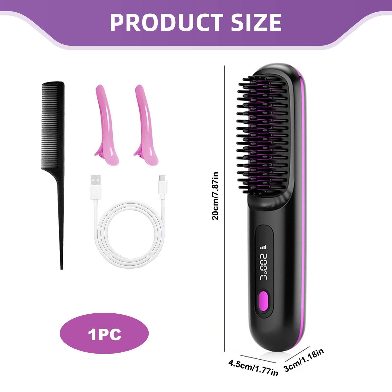 Brosse Chauffante Sans Fil Portable Mini Lisseur Cheveux Court Barbe | avec 3 Températures affichage LCD Peigne Lissant Céramique Anti-Brûlure pour Voyage Retouches Rapides Femme All Hair Type