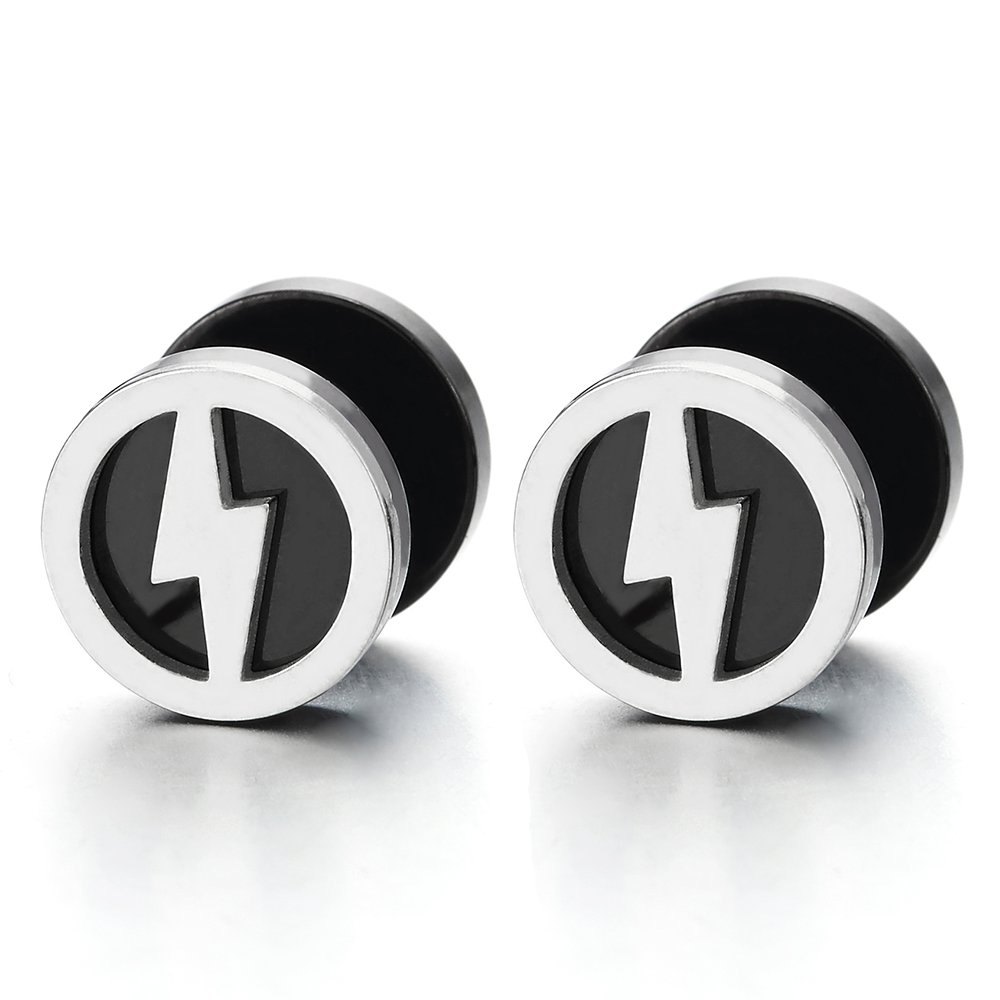 Mens Women Lightning Bolt Circle Stud Earrings, Steel Cheater Fake Ear Plugs Gauges