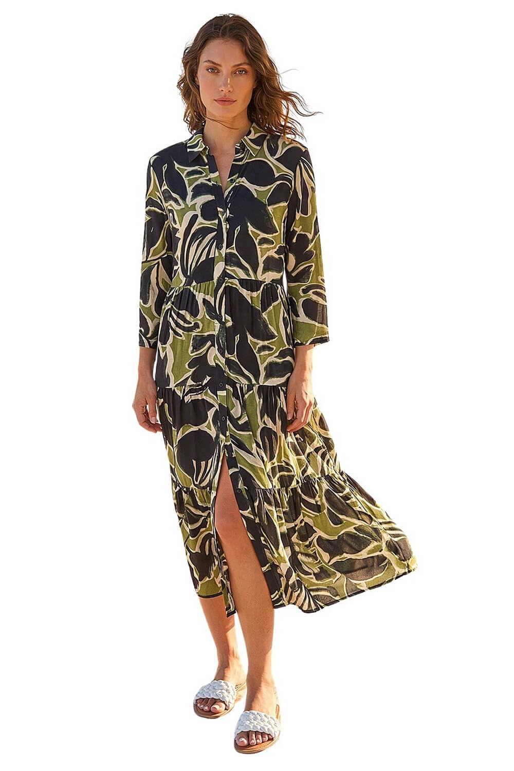 Roman Originals Shirt Dress for Women UK- Ladies Long Sleeve Belted Collared Midi Maxi Winter Autumn Smart Casual Button Through Evening Office A Line Swing Skater - Petite Tiered Khaki - Size 16