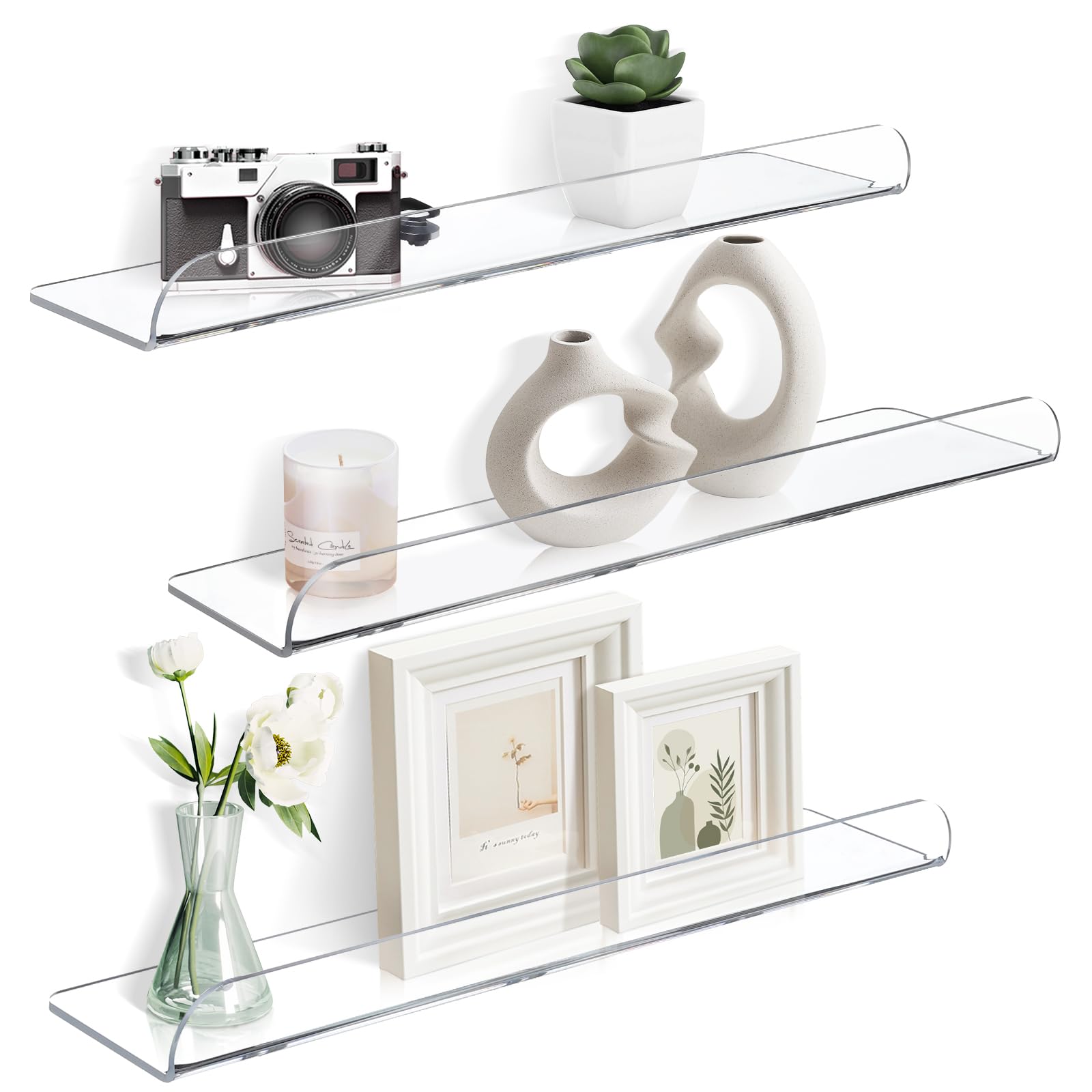 Wooshwa 15 Inch Acrylic Floating Shelves for Wall Decor, 3 Pack Clear Acrylic Shelves for Bedroom Kitchen Office Nursery, Durable Stylish Wall Mounted