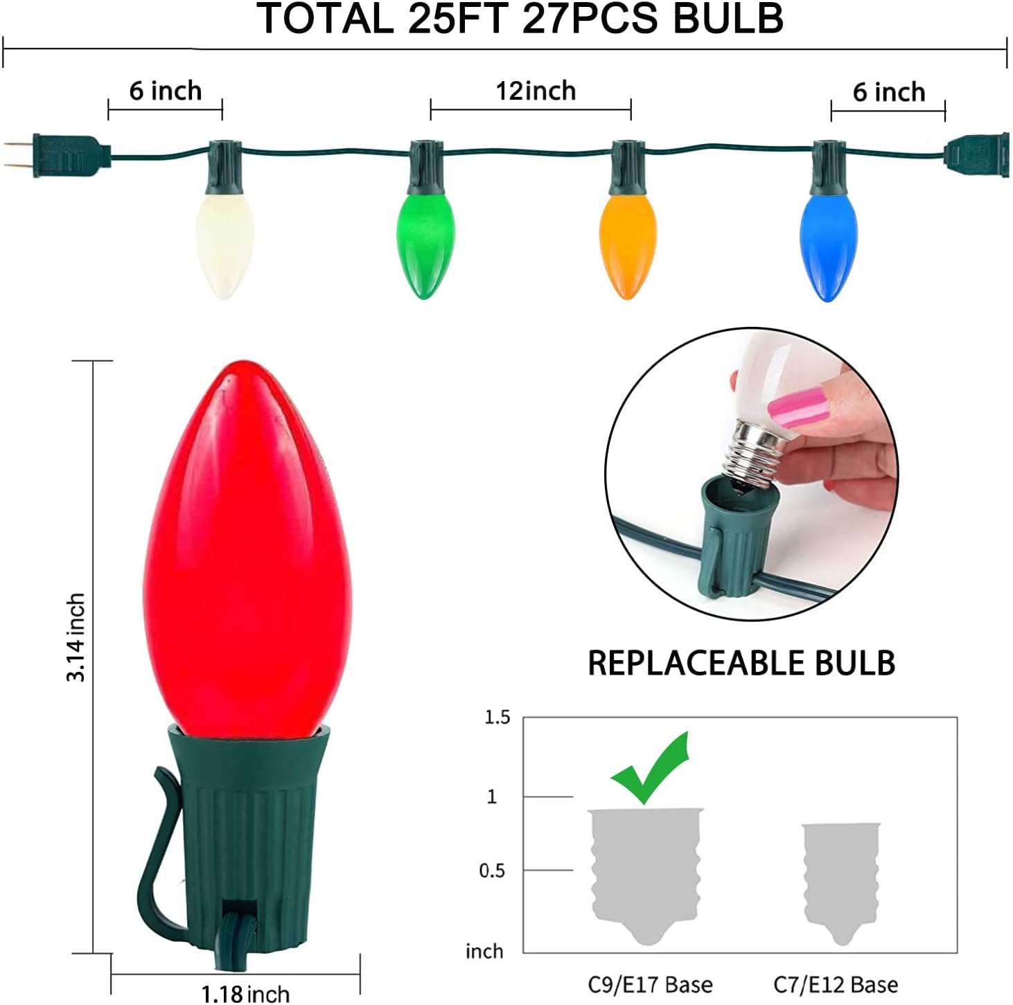 25Ft Outdoor Multicolor Ceramic Christmas String Lights,C9 Vintage Opaque Christmas String Lights for Patio Garden Xmas Tree Decoration,C9/ E17 Candelabra Base, Green Wire