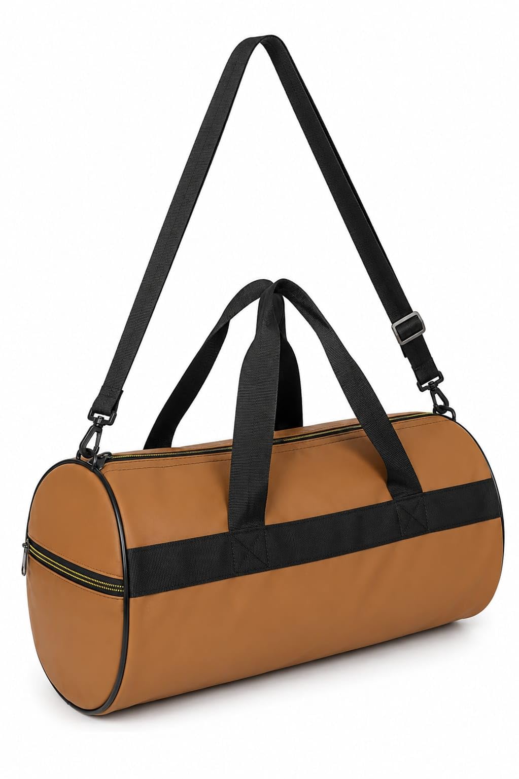 Tan Brown PU Cylinder Duffel Bag with Adjustable Shoulder Strap-image-19