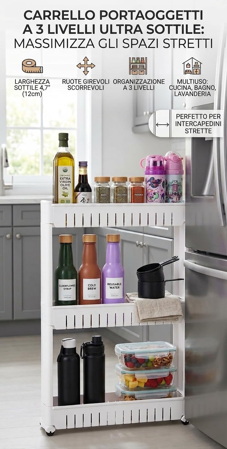 Carrello Portaoggetti Sottile Chris.W A 3 Ripiani Con Ruote - Trasparente, Organizzatore Per Cucina, Bagno, Spazi Stretti, Acciaio Inox - 3