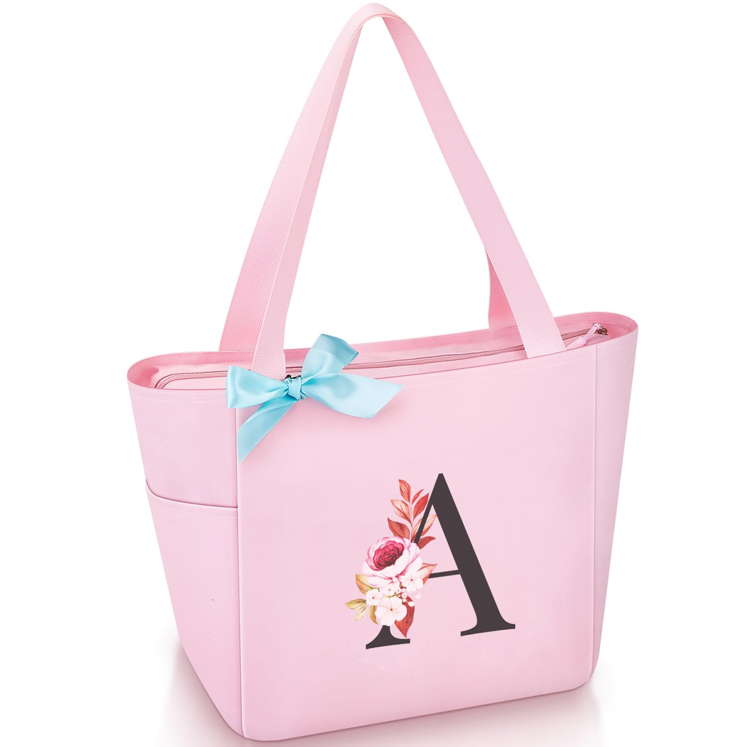 Vavabox Tote Bag, A-Z Initial Monogrammed Waterproof Tote Bag, Bridesmaid Gifts for Women, Black and Pink