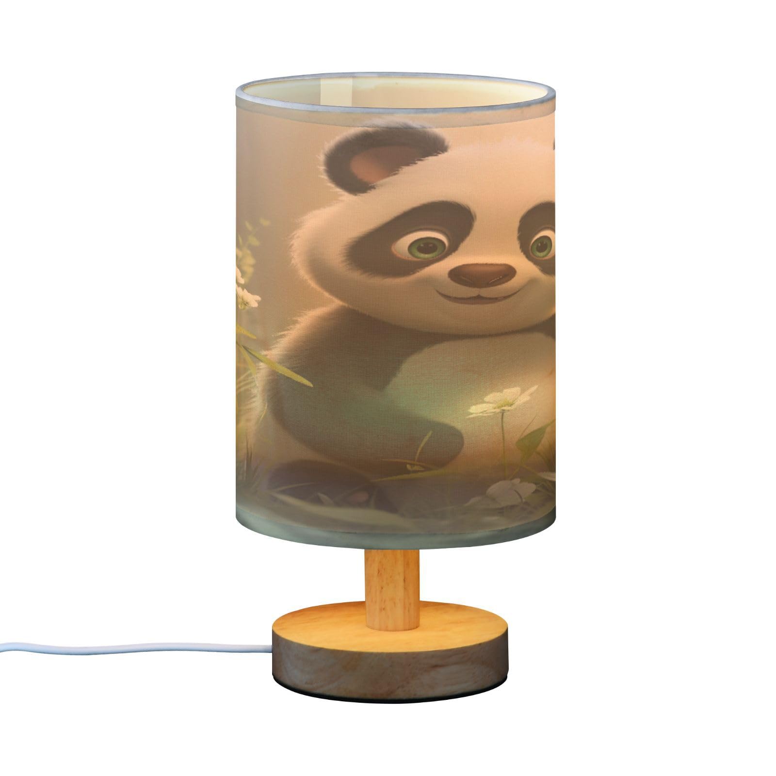 SDMKA Cute Cartoon Panda Bedside Table Lamp for Bedroom, Minimalist Nightstand Lamp with Round Fabric Shade for Living Room, Office, No Bulb Required