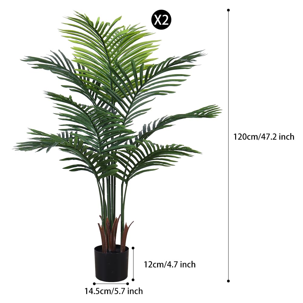 Olrla Lot de 2 palmiers artificiels de 120 cm, arbre tropical artificiel avec vase noir, plante Areca en soie synthétique pour maison, bureau, salon, décoration d'intérieur
