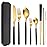 AARAINBOW 6 Pieces Stainless Steel Flatware Set Portable Reusable Cutlery Set Travel Utensils Set Including Chopsticks Knife Fork Spoon Straws Cleaning Brush Dishwasher Safe (B-Black golden)
