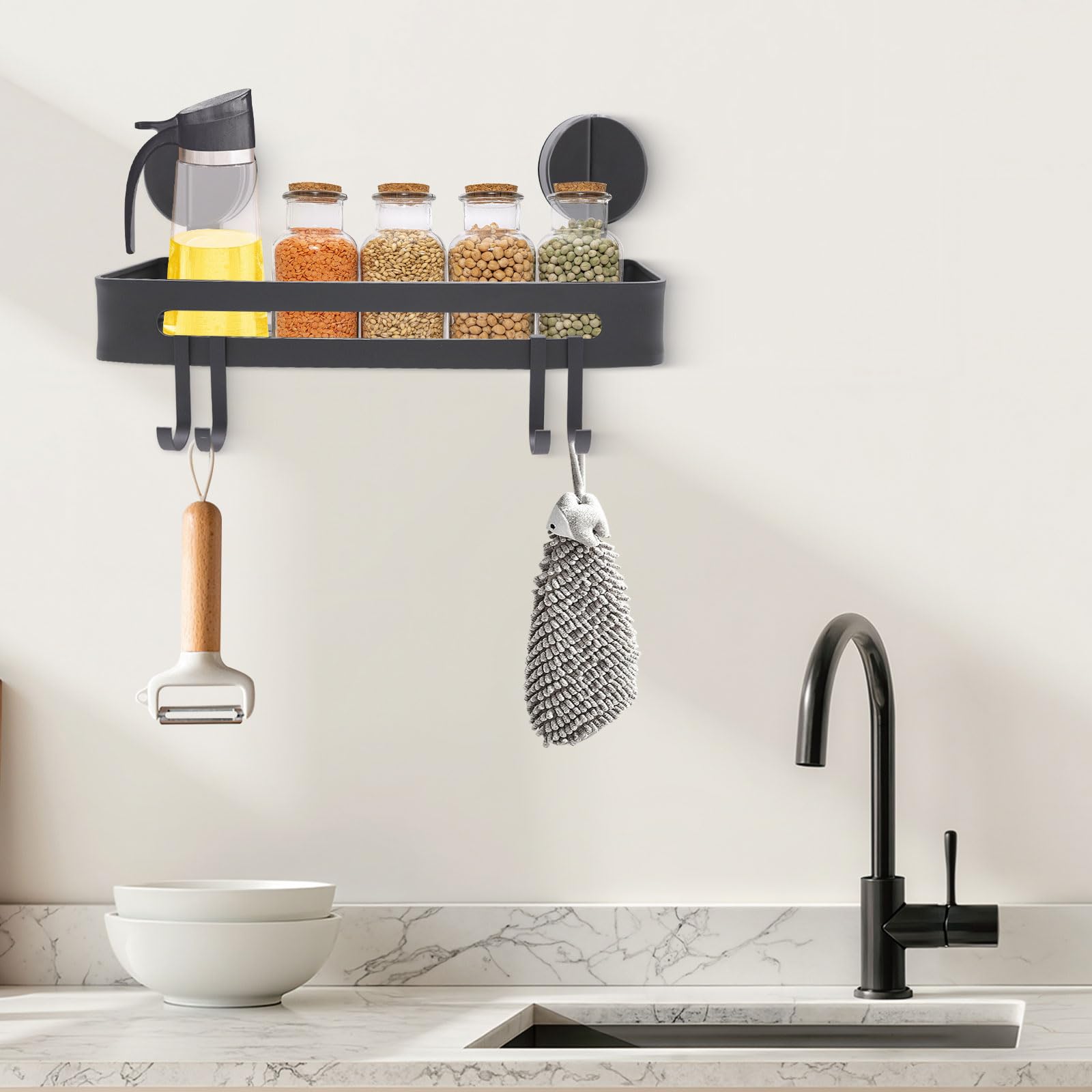 Étagère Douche Sans Percage - Support Ventouse Extra-Forte Avec 4 Crochets - Rangez Salle De Bain Et Cuisine Sans Abîmer Les Murs