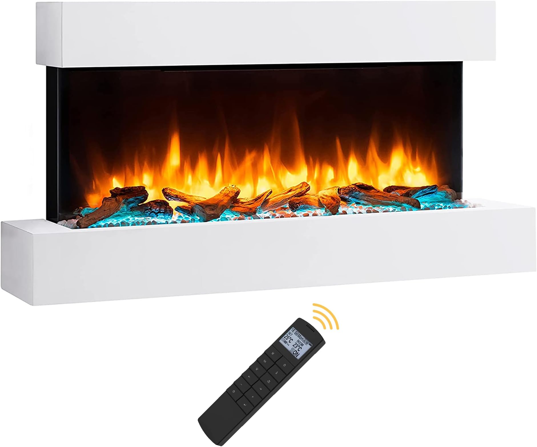 Endeavour Fires Runswick 43" Wall Mounted Electric Fireplace with Off-White Surround, Log/Stone/Crystal Fuel Beds, Realistic Flame Effects & LED Lighting, 1–2kW Heater, Remote Control