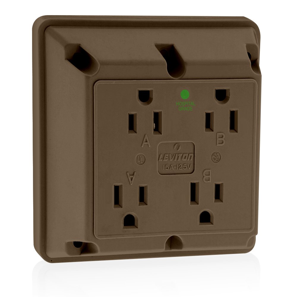 Leviton 15 Amp, 125 Volt, Industrial Series Extra Heavy Duty Hospital Grade, 4-In-1 Receptacle, Straight Blade, Grounding, 1254-H, Brown