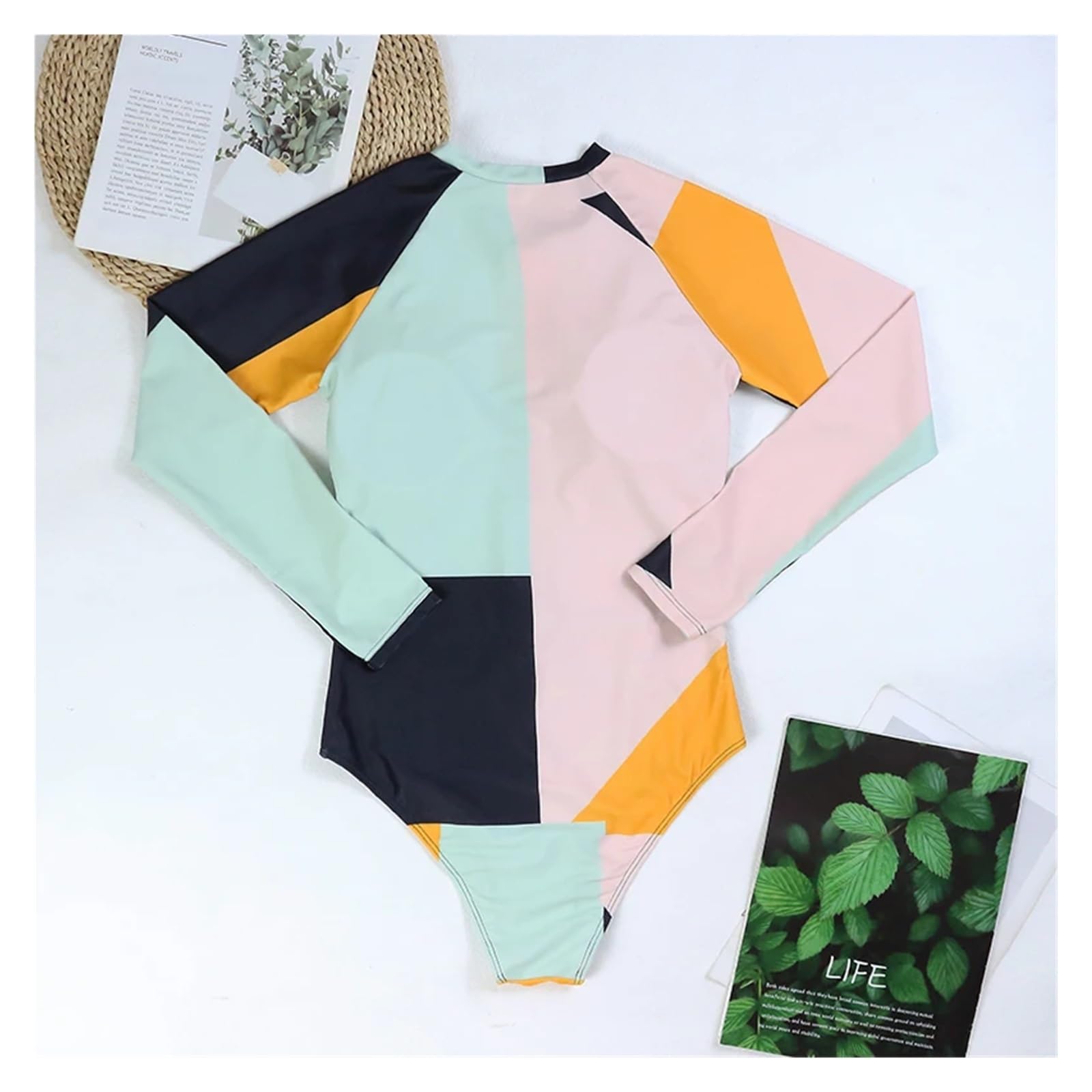 Bañador Mujer con Pierna Traje de baño de Mujer de Manga Larga con Cremallera y Cuello Redondo, Traje de Surf de una Pieza con Bloques de Color y Cintura Alta.(S)