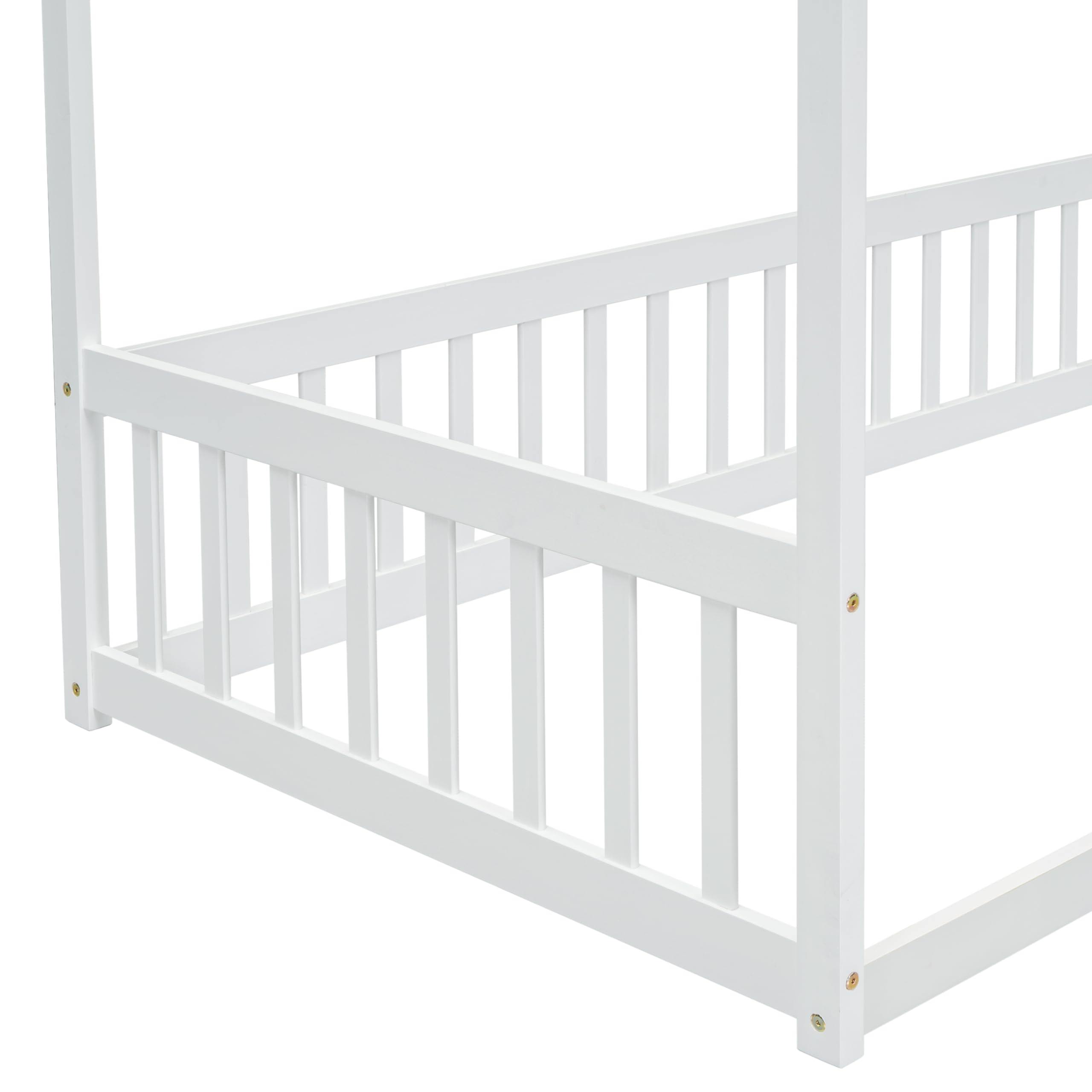 aphrophina Twin Size Canopy Frame Floor Bed with Guardrails, Enhancing Imagination and Safety, Elegant White Design