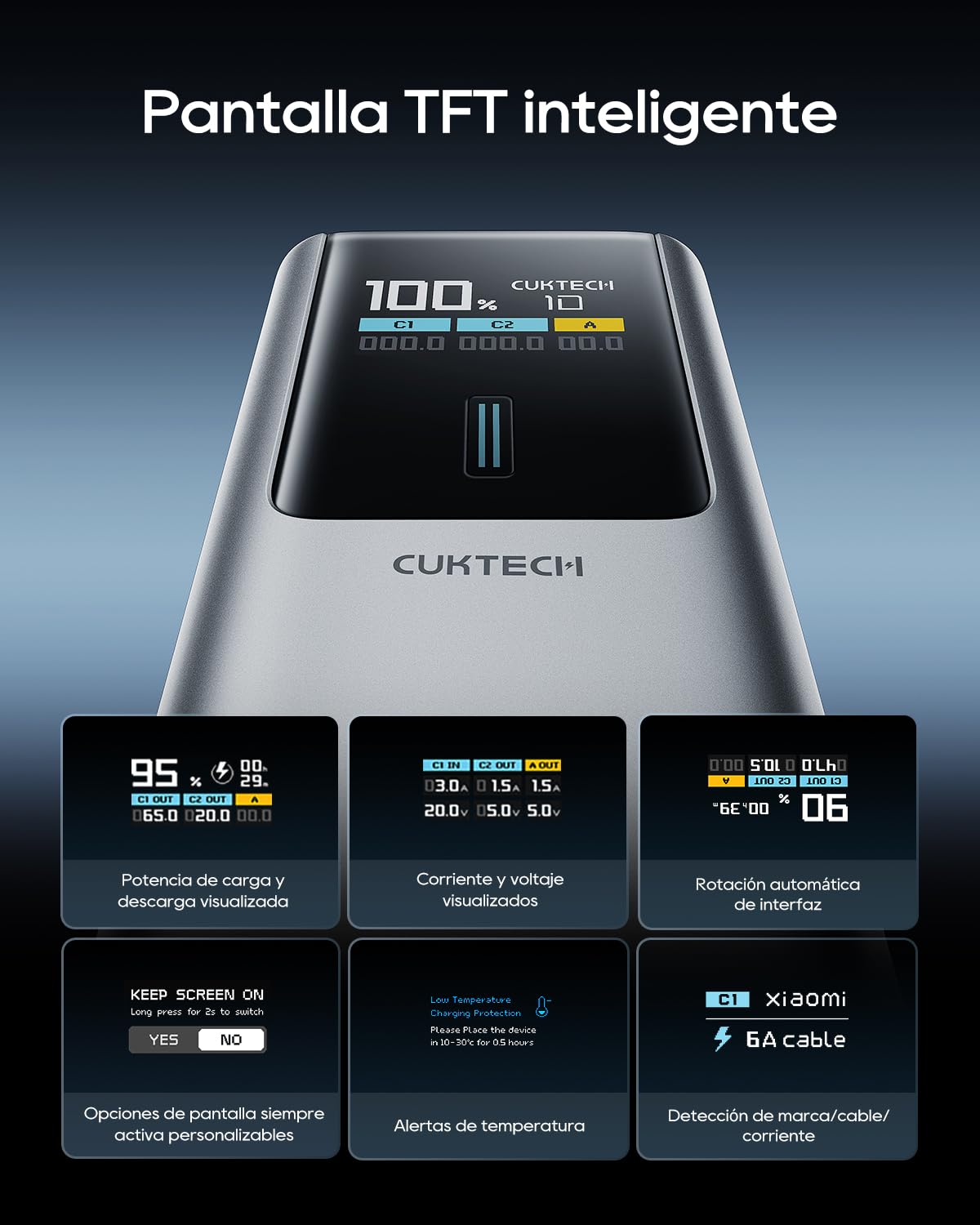 CUKTECH Powerbank 15000mAh (3S1P) 100W, batería externa con carga rápida, cargador portátil con pantalla, compatible con iPad, iPhone 16/15 Plus Pro Max, Galaxy S24 S23 Ultra