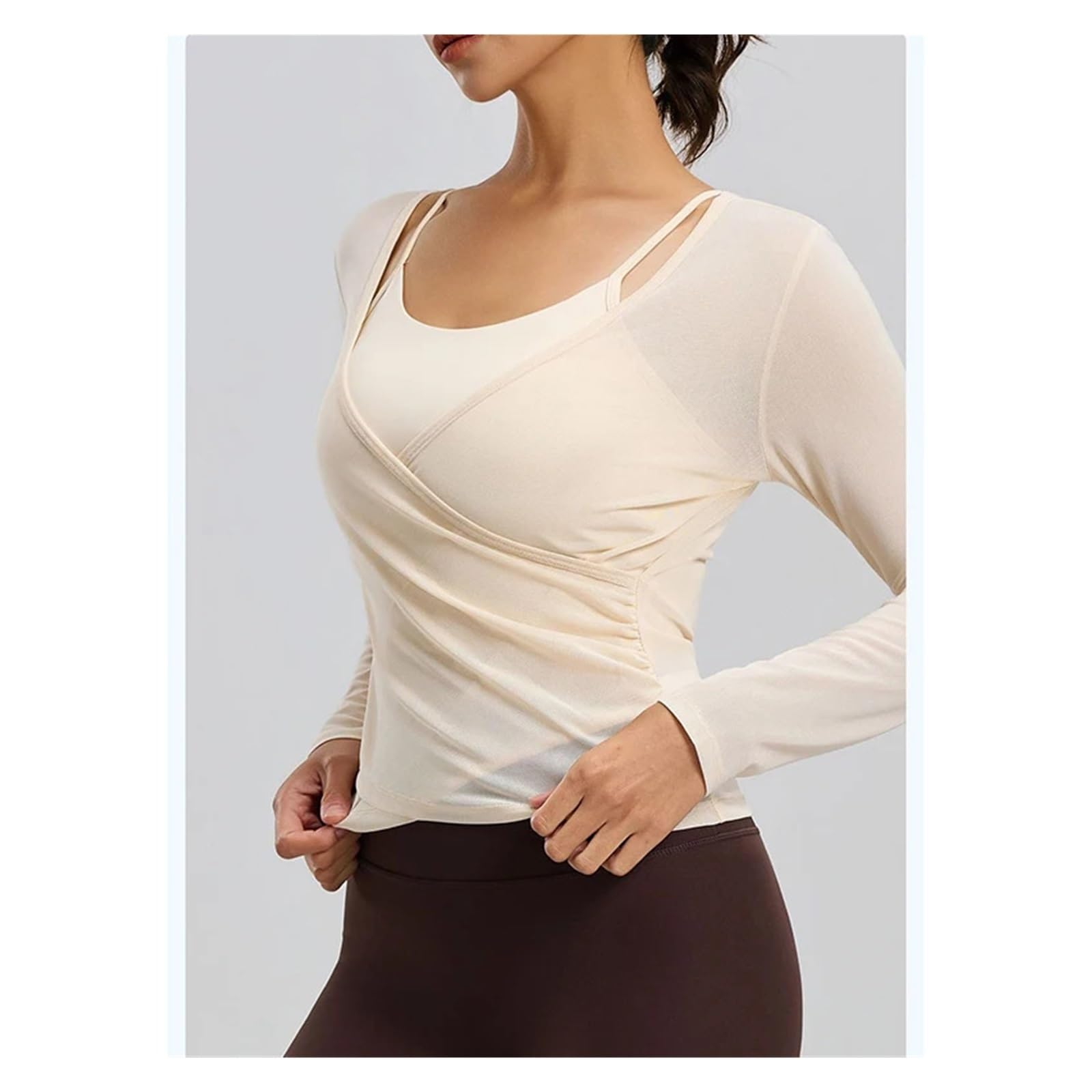 Top yoga a maniche lunghe donna Canotta a rete da donna a maniche lunghe | Set di gilet da yoga in 2 pezzi con imbottiture fisse integrate