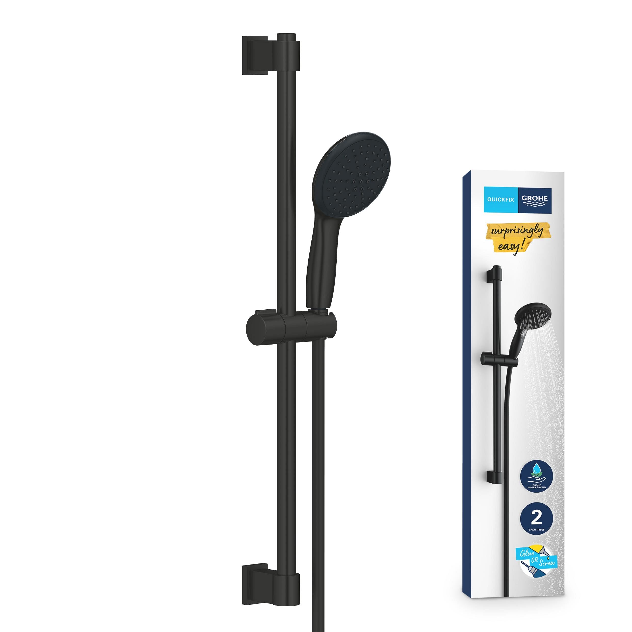 GROHE Vitalio 110, Duschset wassersparend, 6l pro Min (Brausestangenset mit: Duschkopf 2 Strahlarten, 1,75m Schlauch, Duschstange 60cm, zum Kleben oder Bohren, ohne Kleber), rund, schwarz, 279482431