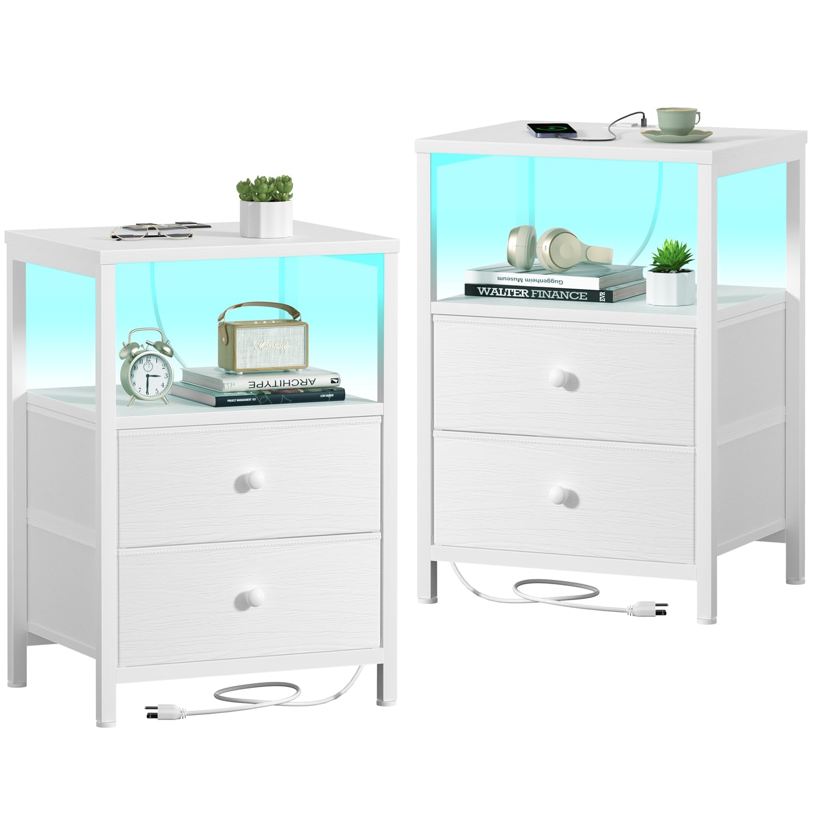 BOLUO White Nightstands Set of 2, Bedroom Night Stand Set Two Nightstand with Charging Station and LED Light, Bedside Table with 2 Fabric Drawers